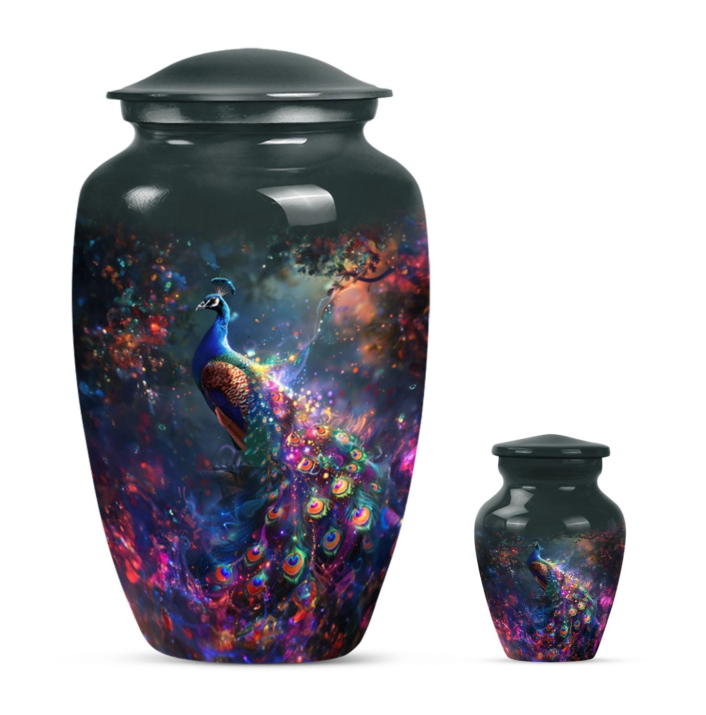 Peacock Theme Large Urn With 1 Keepsake Urn