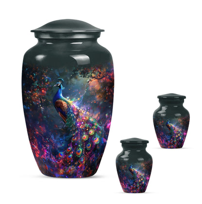 Peacock Theme Large Urn With 2 Keepsake Urn