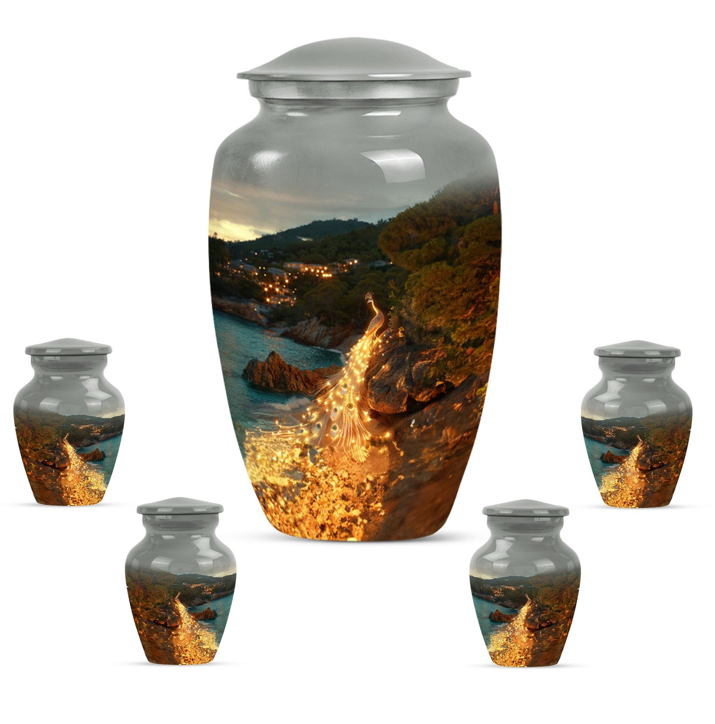 Peacock Theme Large Urn With 4 Keepsake Urn