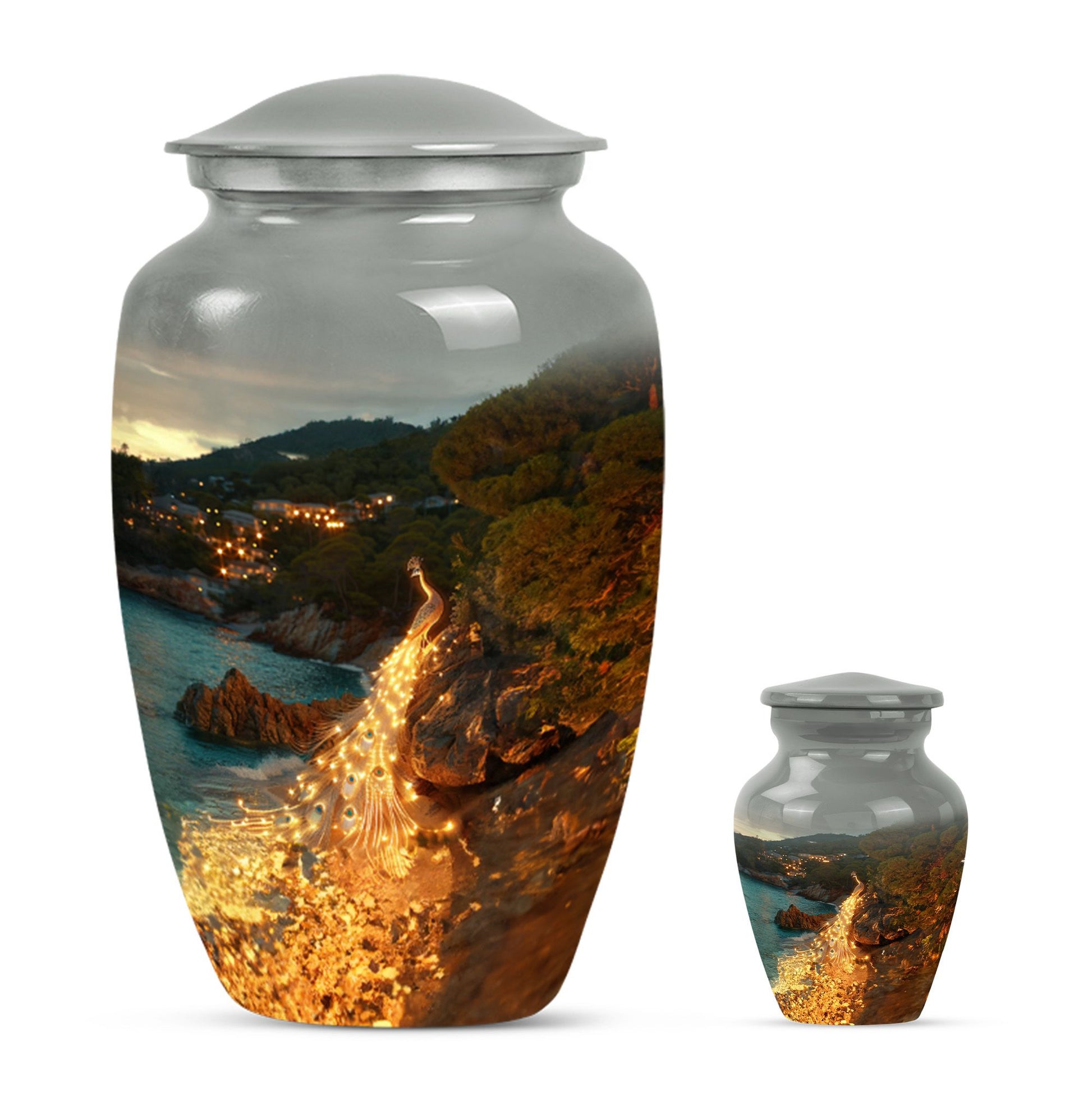 Peacock Theme Large Urn With 1 Keepsake Urn