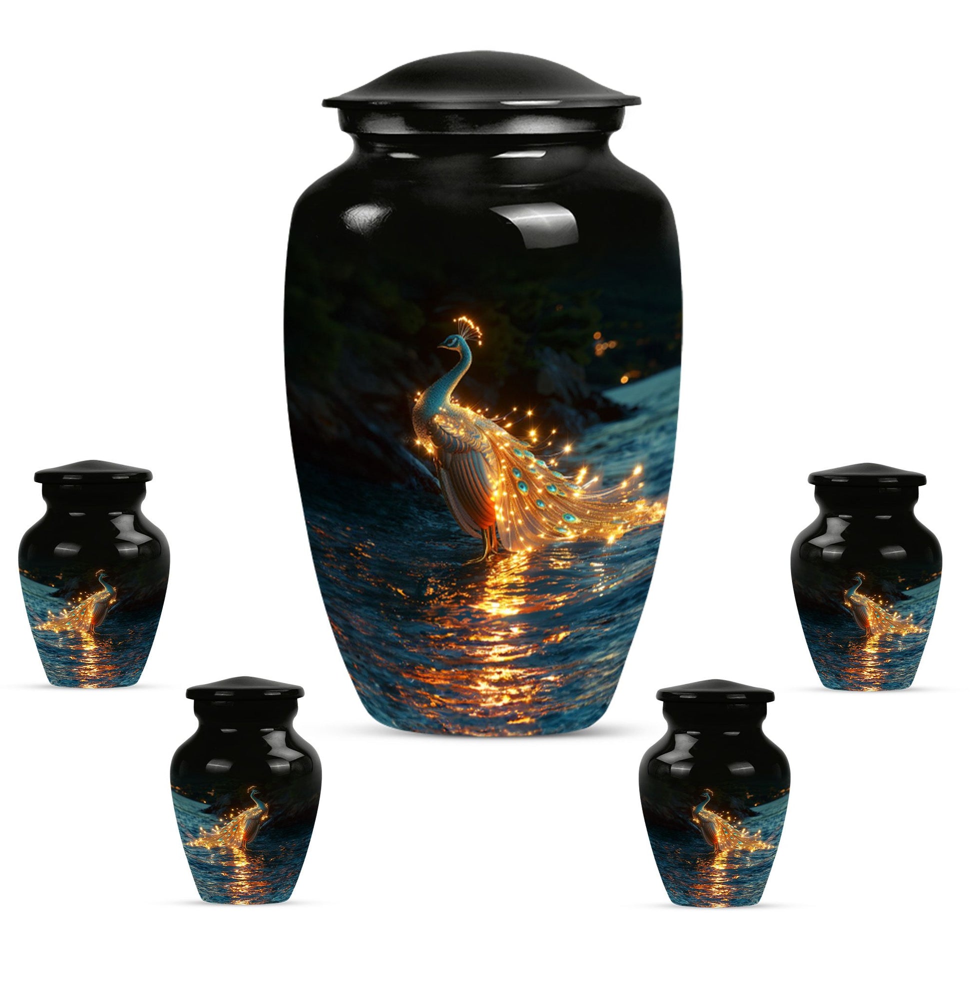 Peacock Theme Large Urn With 4 Keepsake Urn