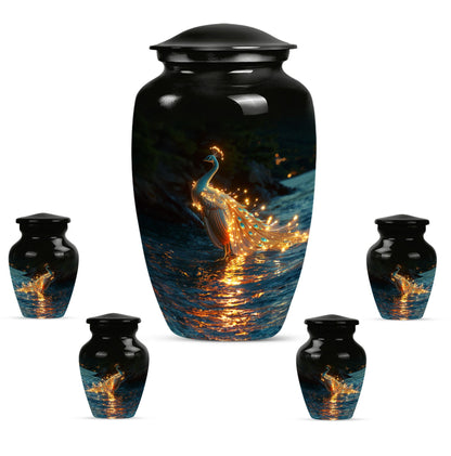 Peacock Theme Large Urn With 4 Keepsake Urn