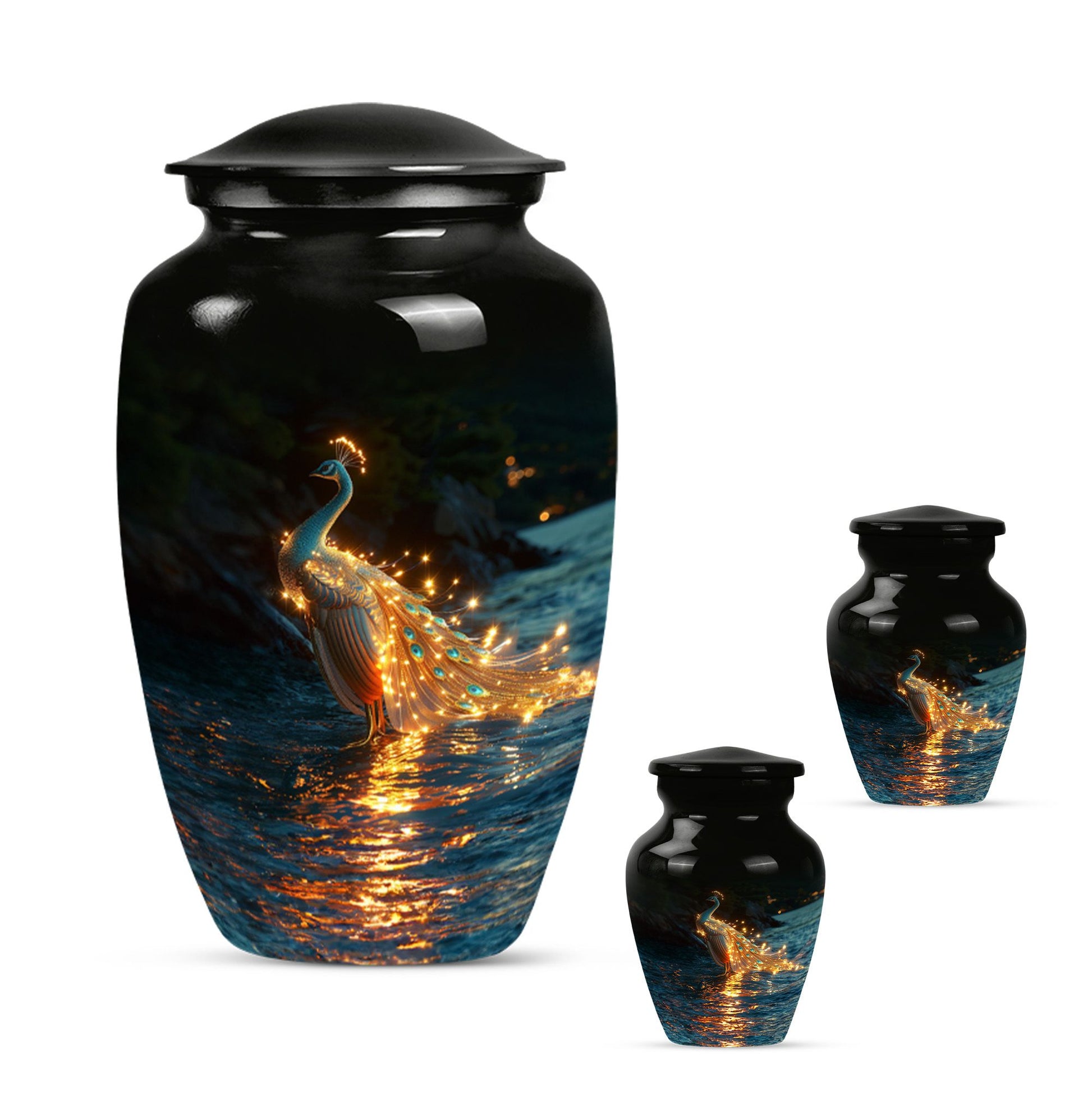 Peacock Theme Large Urn With 2 Keepsake Urn