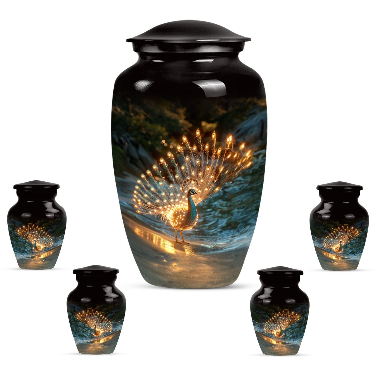 Peacock Theme Large Urn With 4 Keepsake Urn