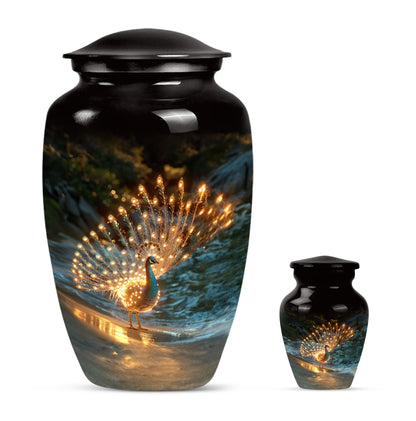 Peacock Theme Large Urn With 1 Keepsake Urn