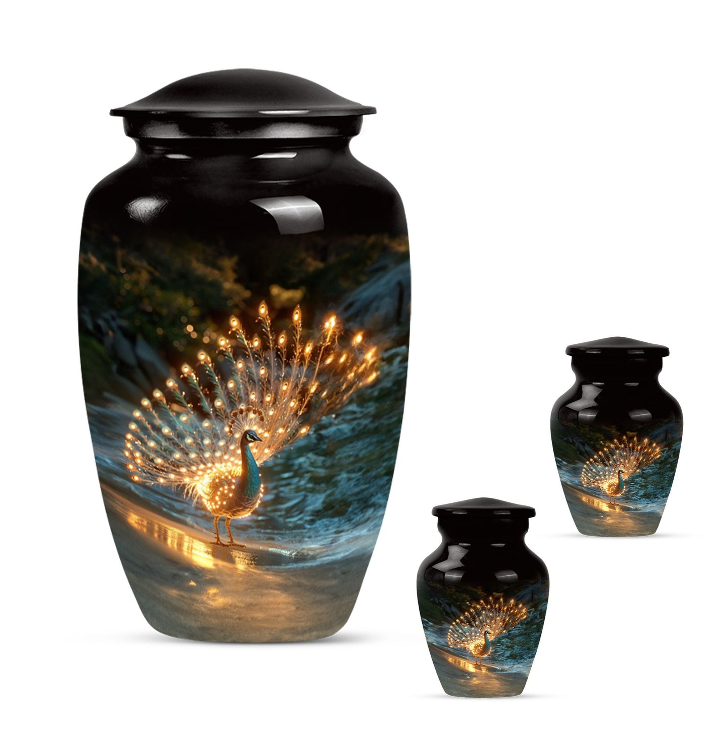 Peacock Theme Large Urn With 2 Keepsake Urn