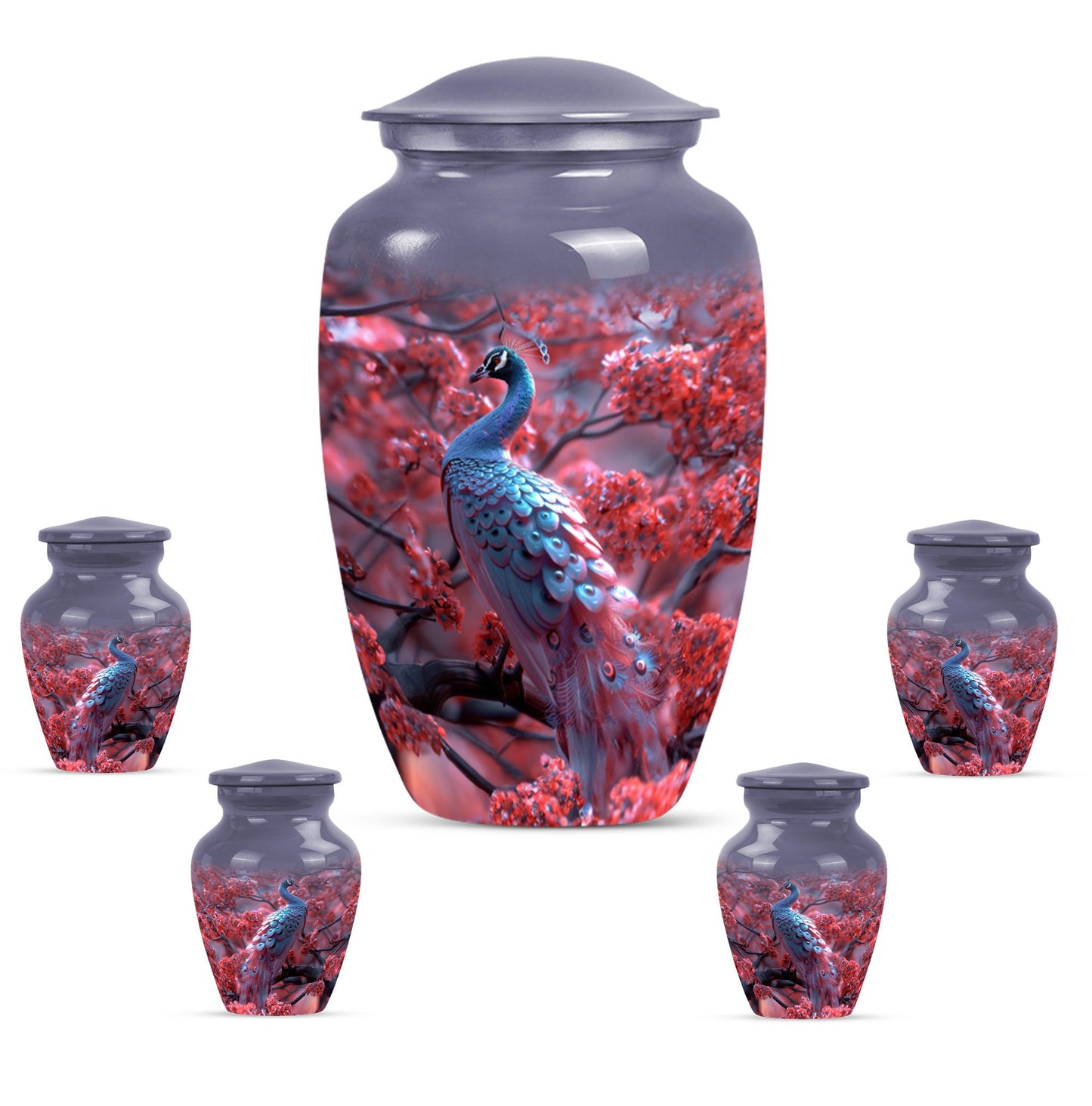 Peacock Theme Large Urn With 4 Keepsake Urn