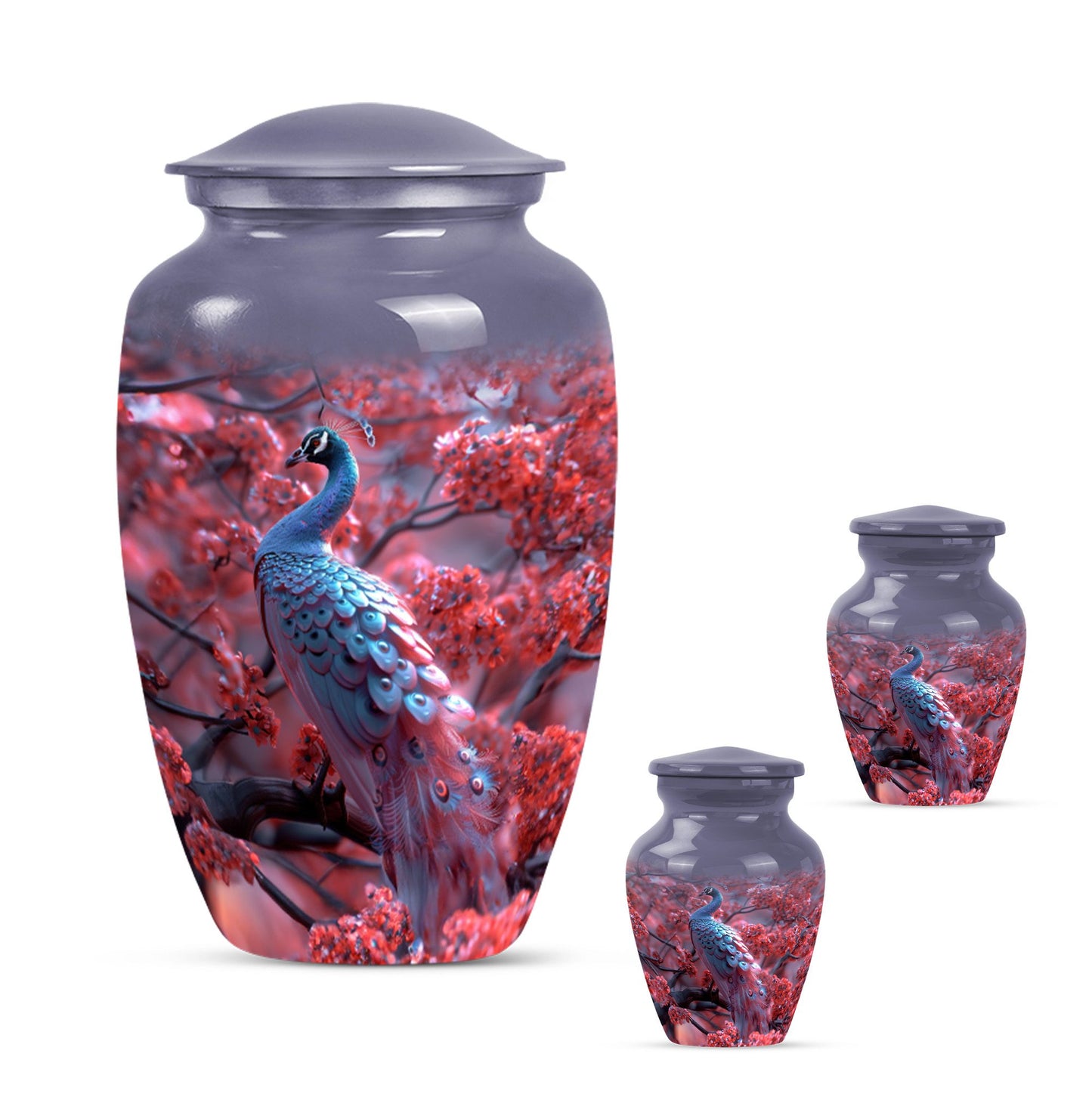 Peacock Theme Large Urn With 2 Keepsake Urn