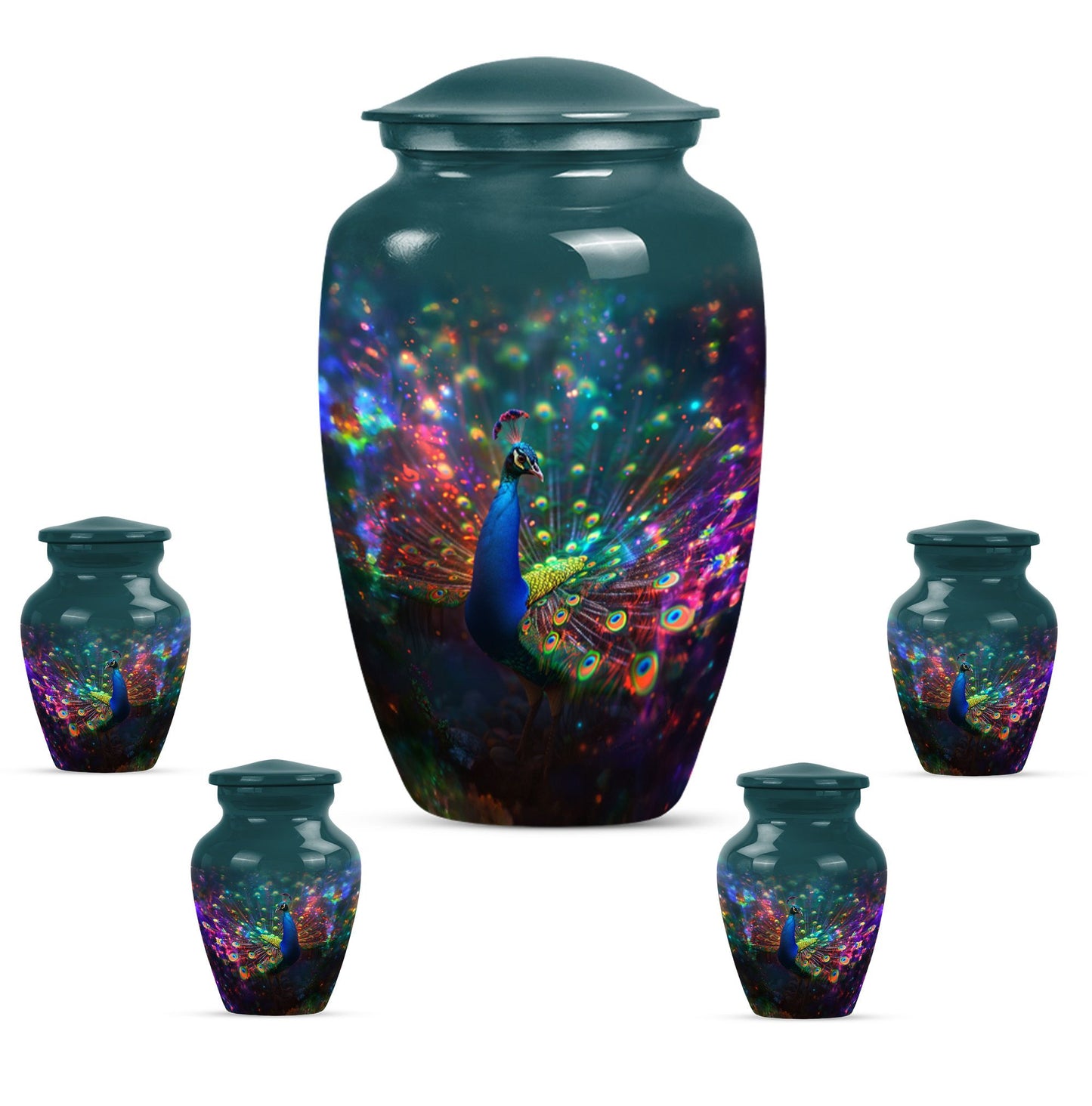 Peacock Theme Large Urn With 4 Keepsake Urn