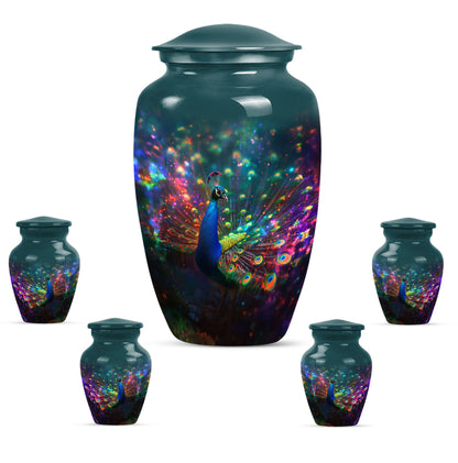 Peacock Theme Large Urn With 4 Keepsake Urn