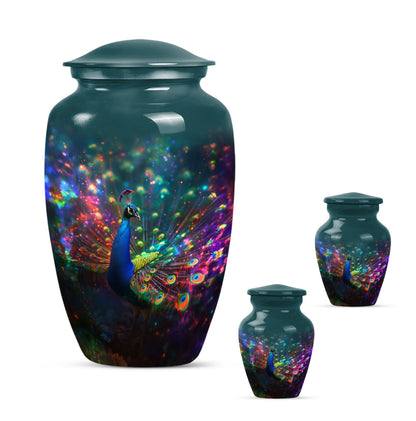 Peacock Theme Large Urn With 2 Keepsake Urn