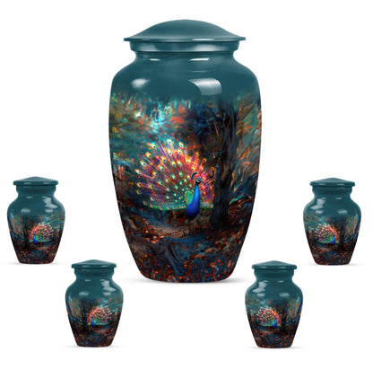 Peacock Theme Large Urn With 4 Keepsake Urn