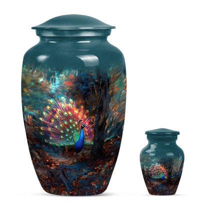 Peacock Theme Large Urn With 1 Keepsake Urn