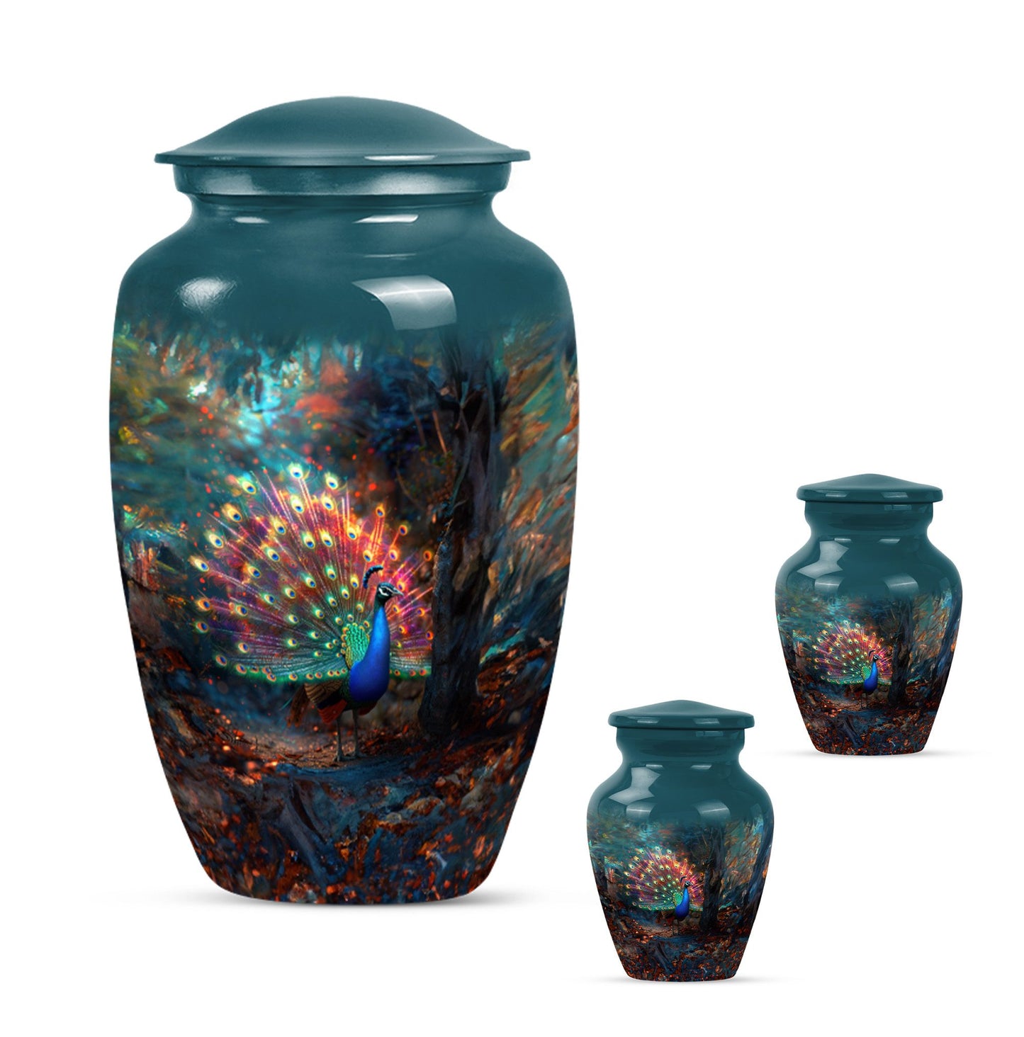 Peacock Theme Large Urn With 2 Keepsake Urn