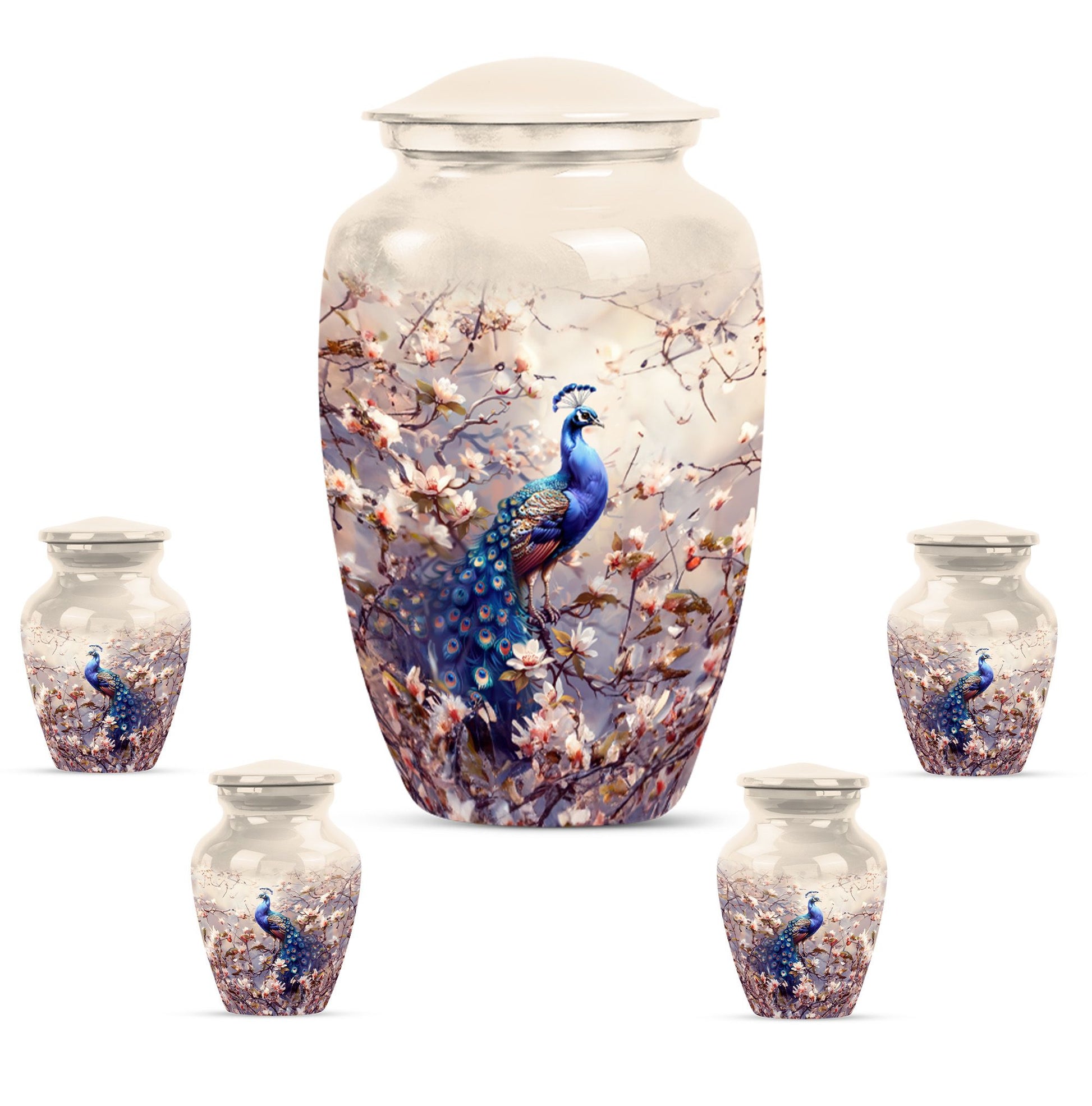 Peacock Theme Large Urn With 4 Keepsake Urn