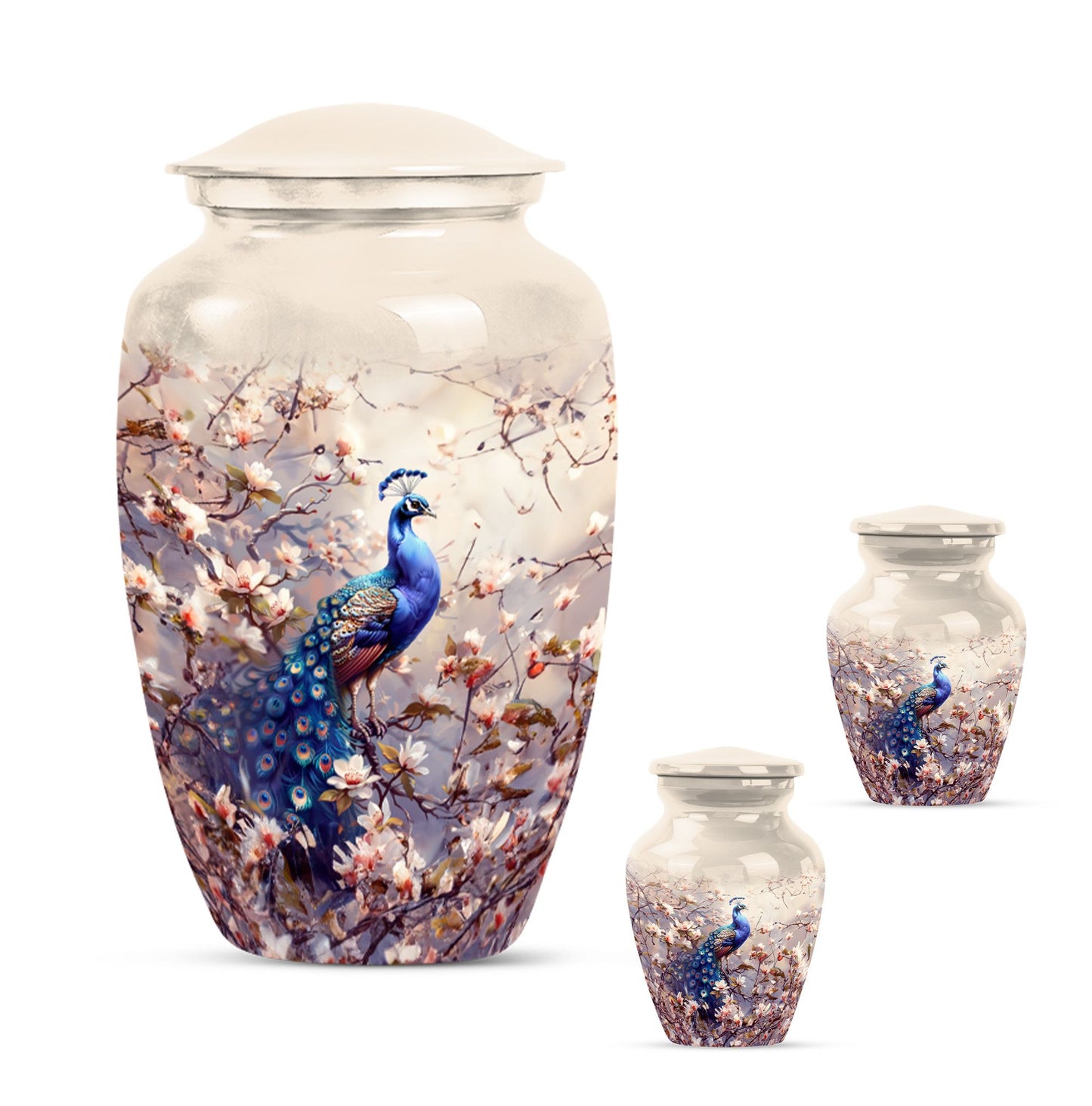 Peacock Theme Large Urn With 2 Keepsake Urn