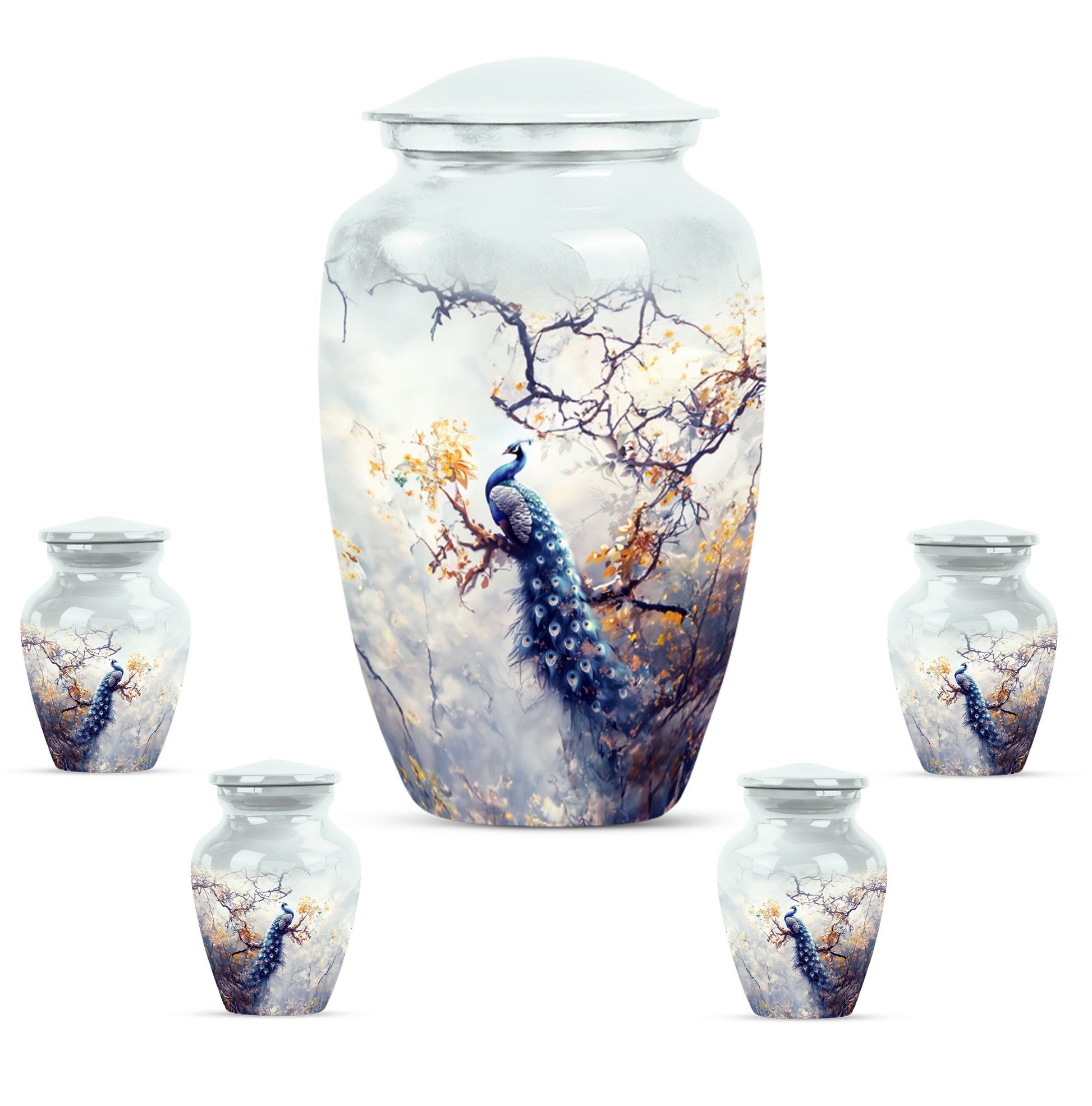 Peacock Theme Large Urn With 4 Keepsake Urn