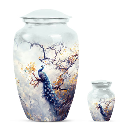 Peacock Theme Large Urn With 1 Keepsake Urn