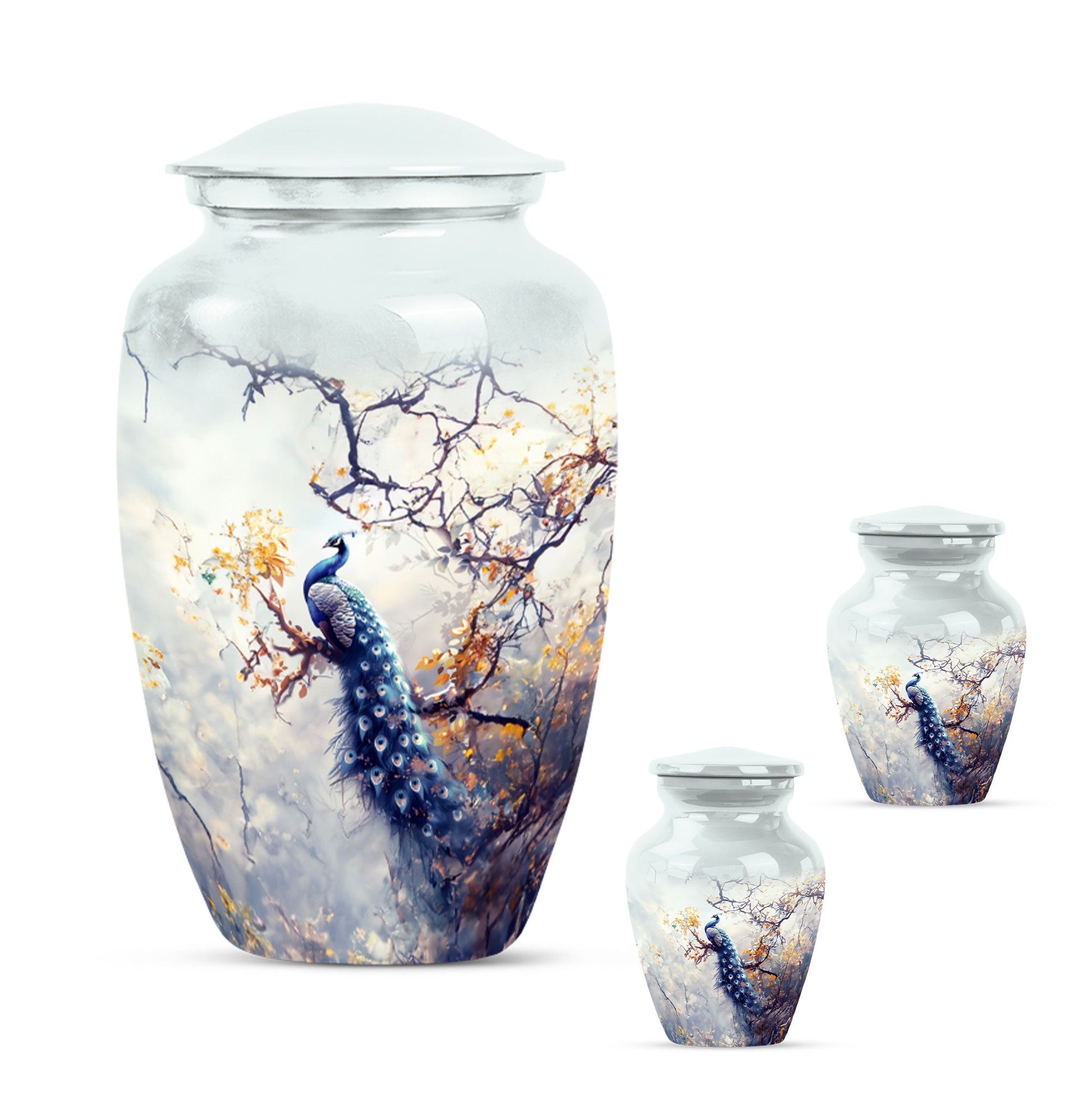 Peacock Theme Large Urn With 2 Keepsake Urn