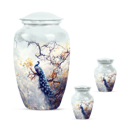Peacock Theme Large Urn With 2 Keepsake Urn