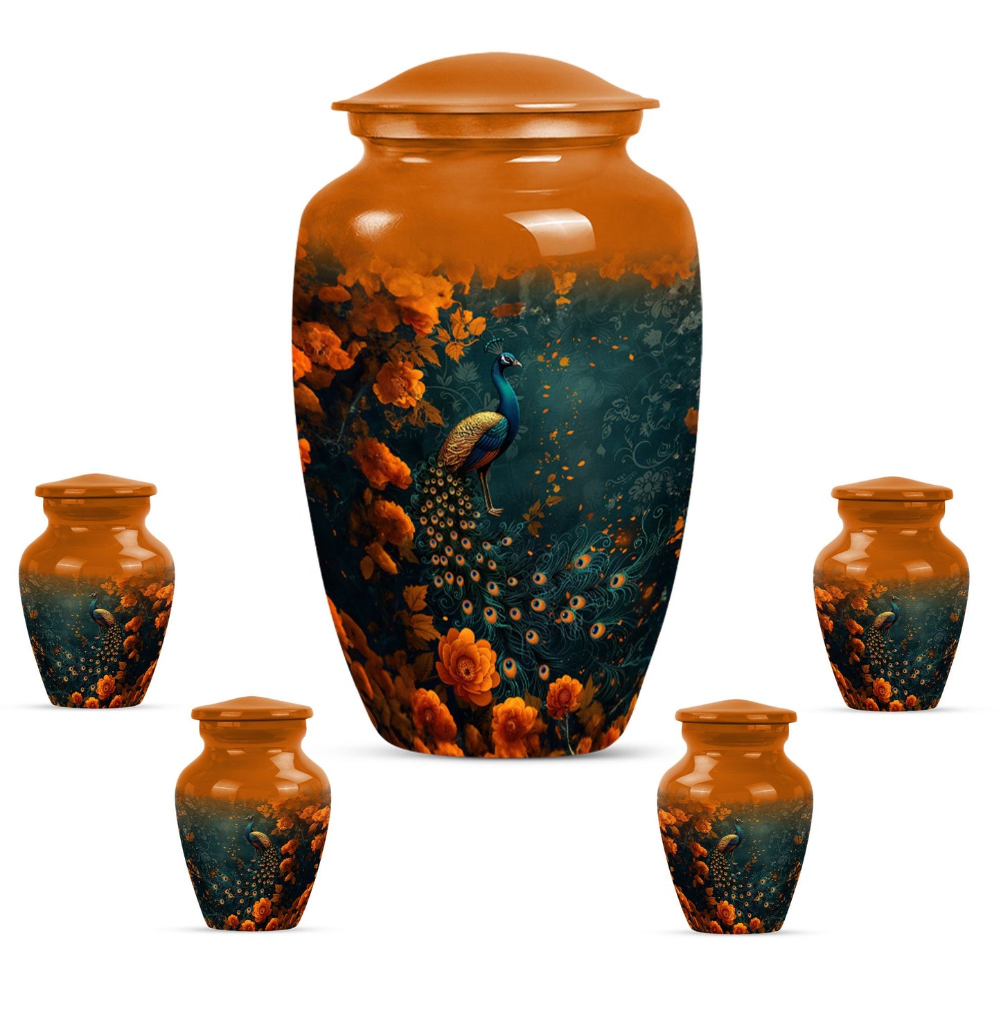 Peacock Theme Large Urn With 4 Keepsake Urn
