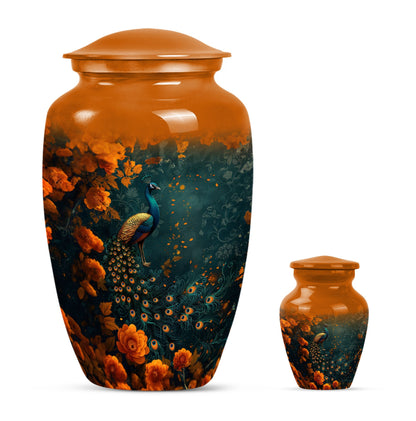 Peacock Theme Large Urn With 1 Keepsake Urn
