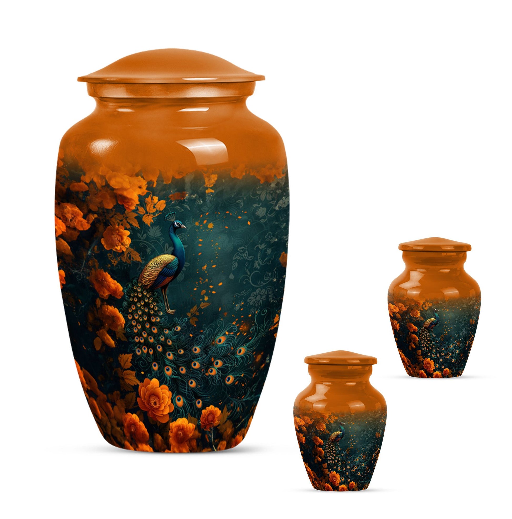 Peacock Theme Large Urn With 2 Keepsake Urn