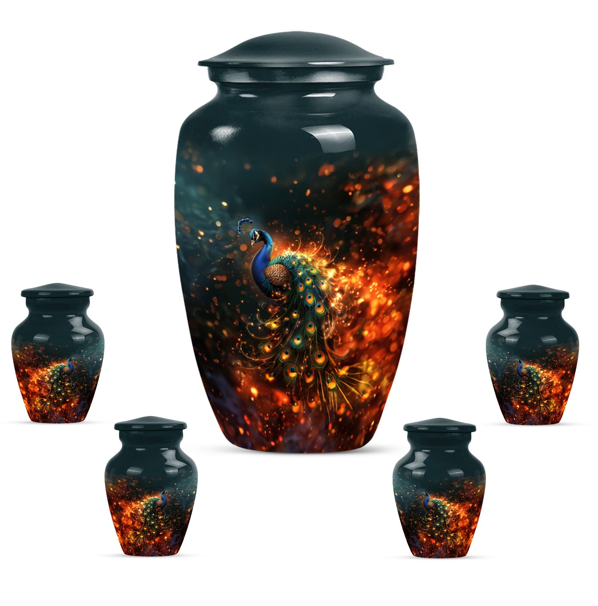 Peacock Theme Large Urn With 4 Keepsake Urn