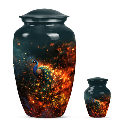 Peacock Theme Large Urn With 1 Keepsake Urn