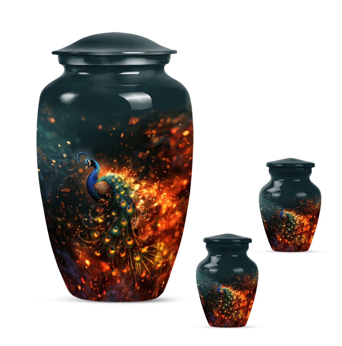 Peacock Theme Large Urn With 2 Keepsake Urn
