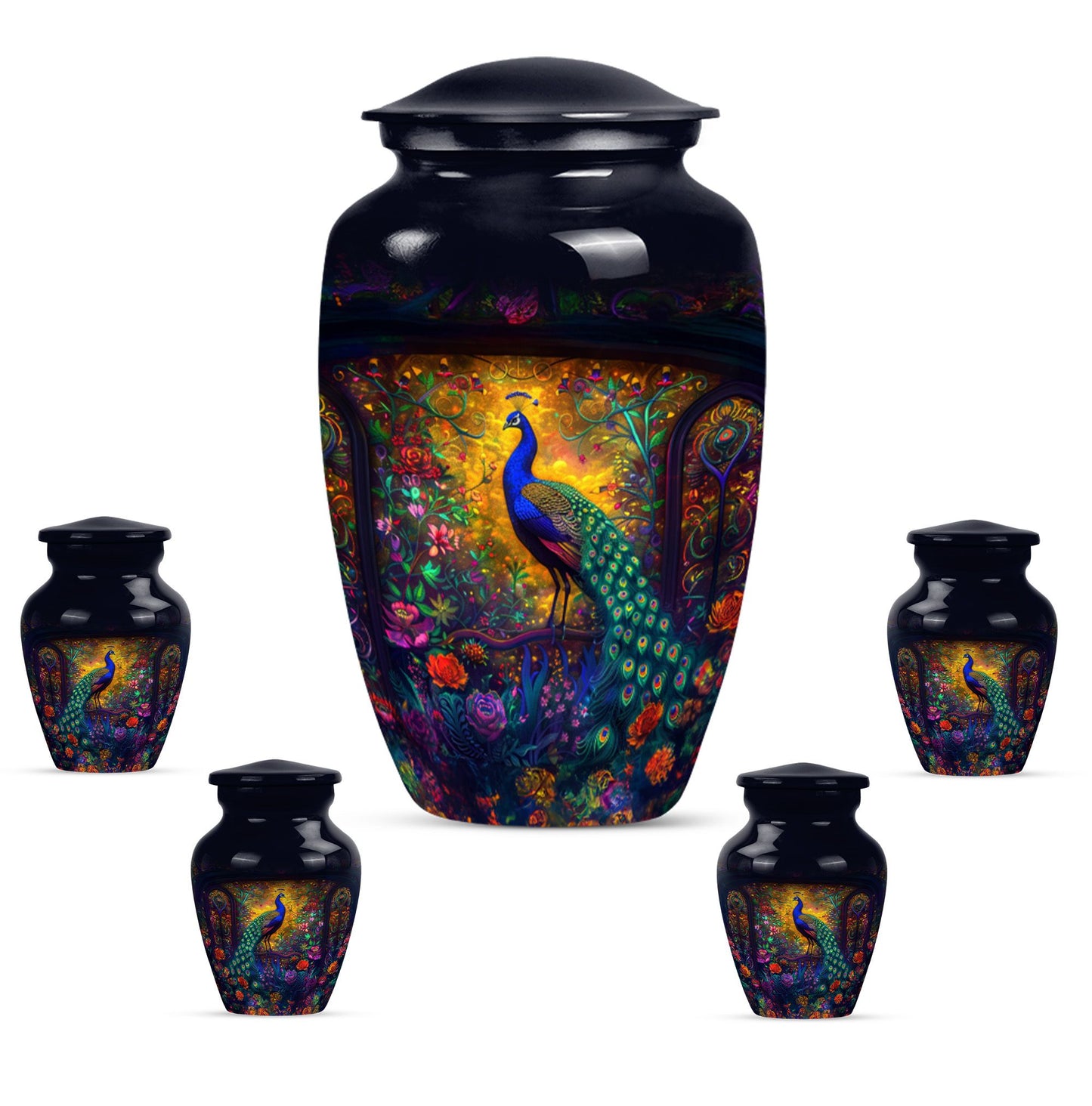 Peacock Theme Large Urn With 4 Keepsake Urn