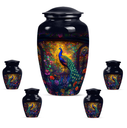 Peacock Theme Large Urn With 4 Keepsake Urn