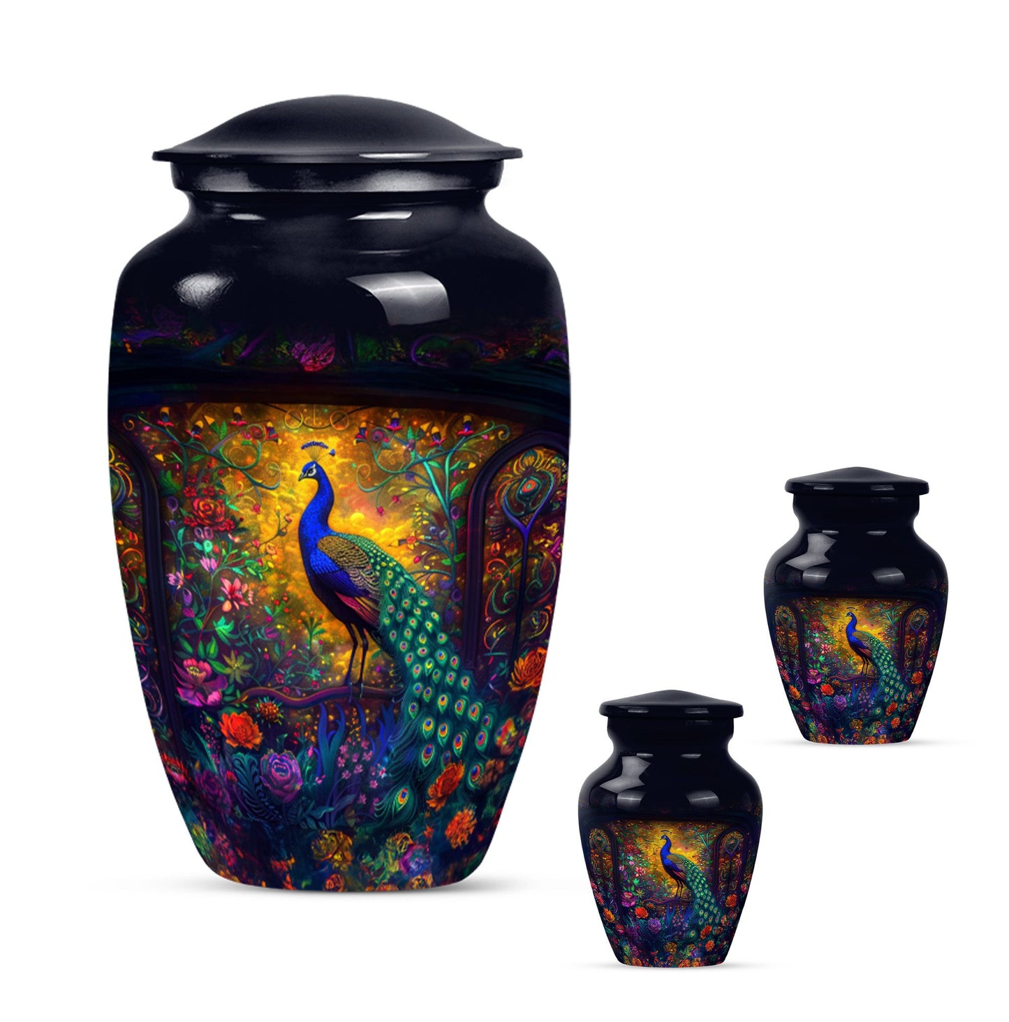 Peacock Theme Large Urn With 2 Keepsake Urn