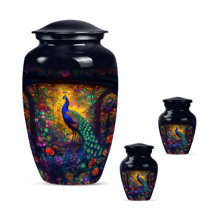 Peacock Theme Large Urn With 2 Keepsake Urn