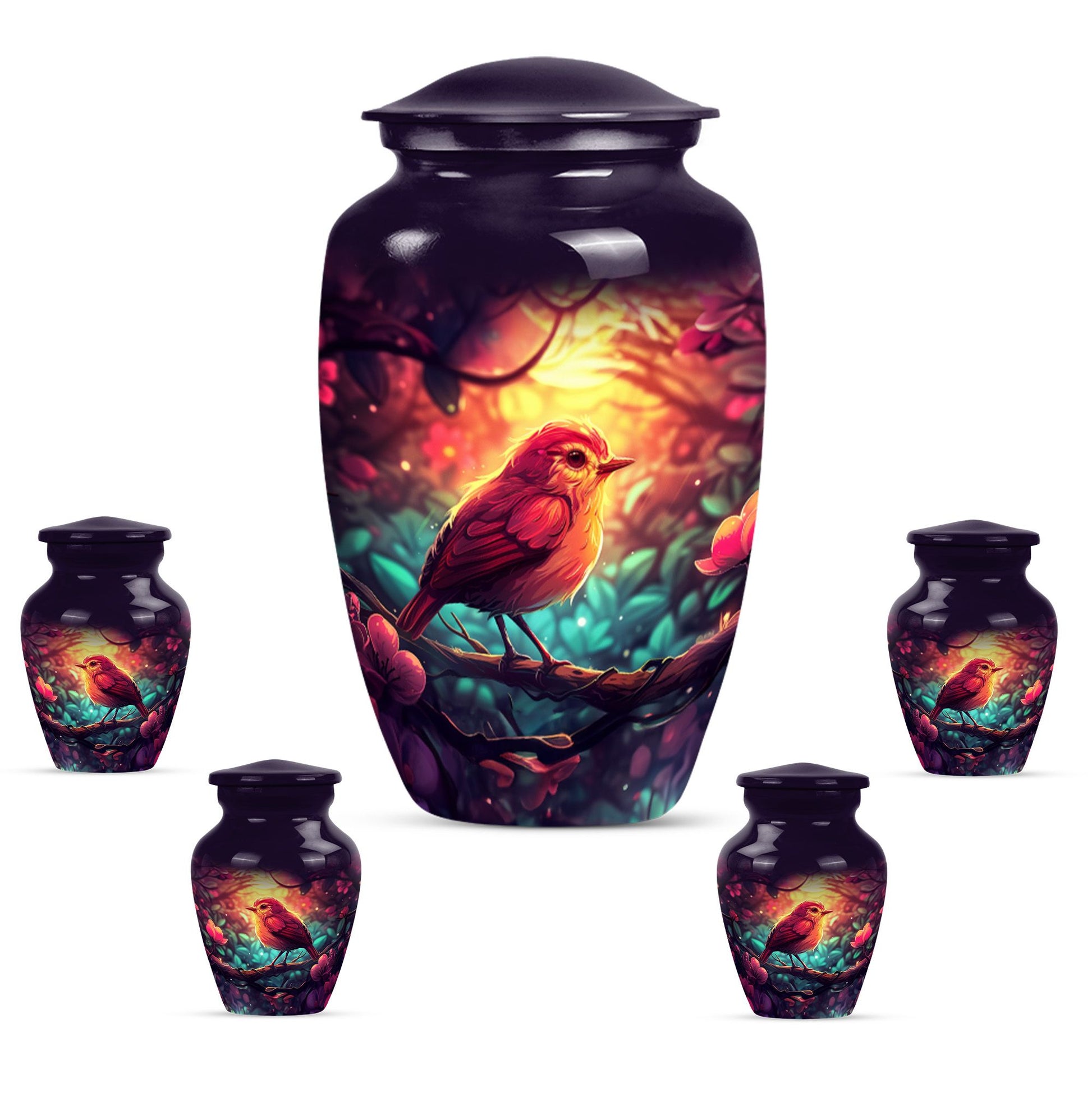 Sparrow Theme Large Urn With 4 Keepsake Urn