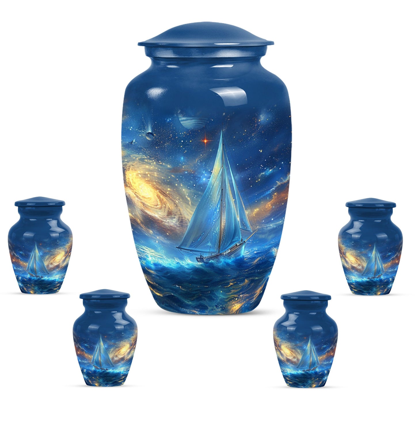 Sail Boat Theme Large Urn With 4 Keepsake Urn
