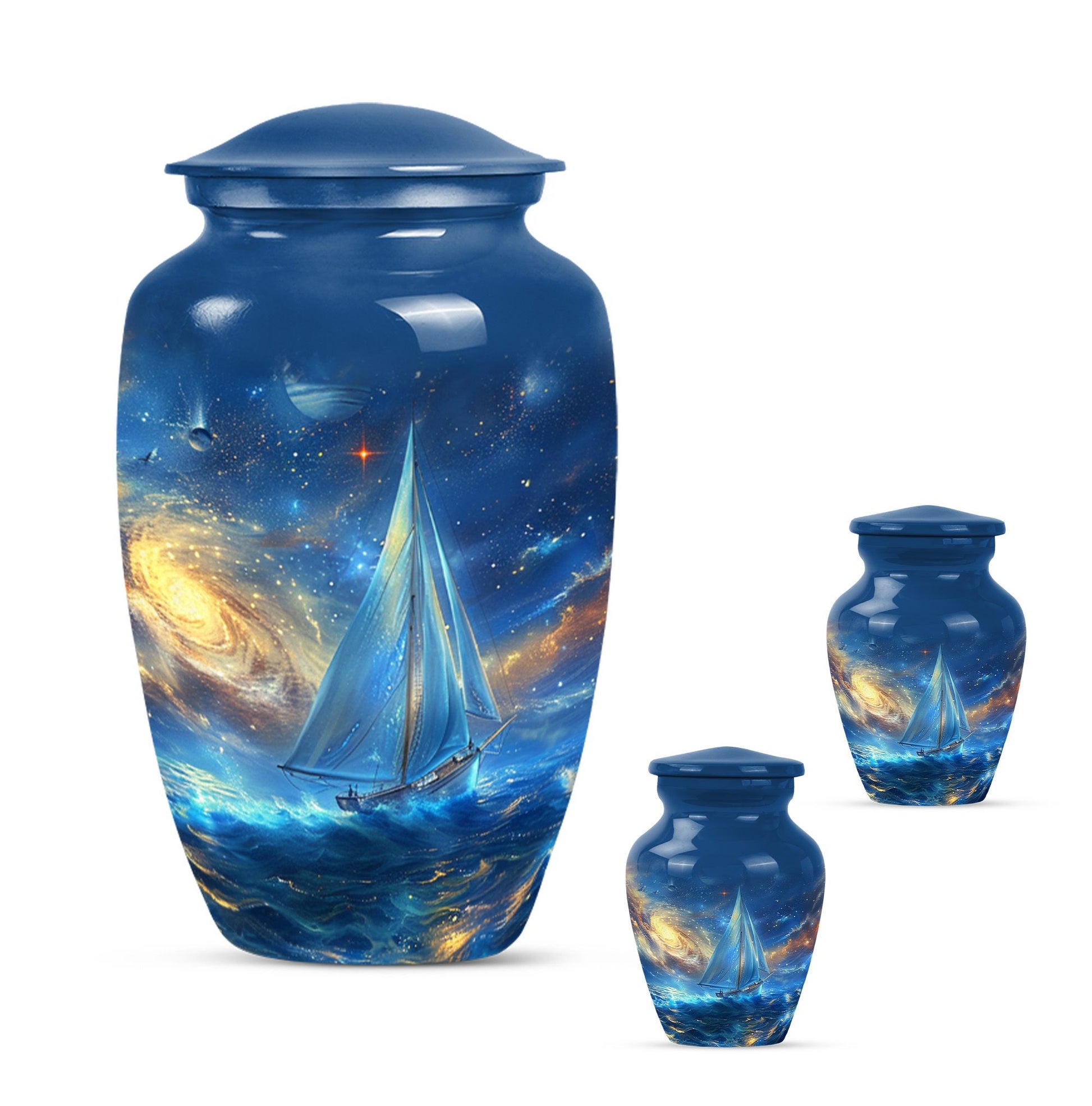 Sail Boat Theme Large Urn With 2 Keepsake Urn