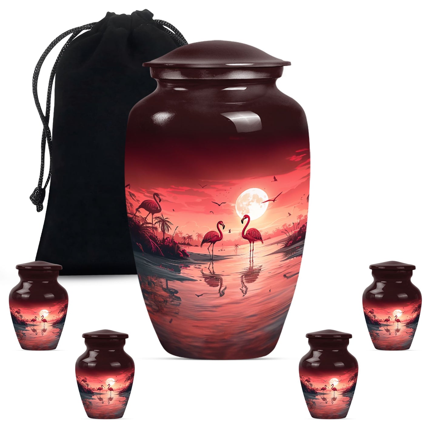Flamingo Theme Large Urn With 4 Keepsake Urn