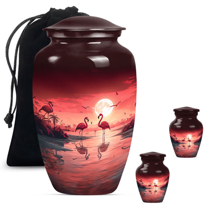 Flamingo Theme Large Urn With 2 Keepsake Urn