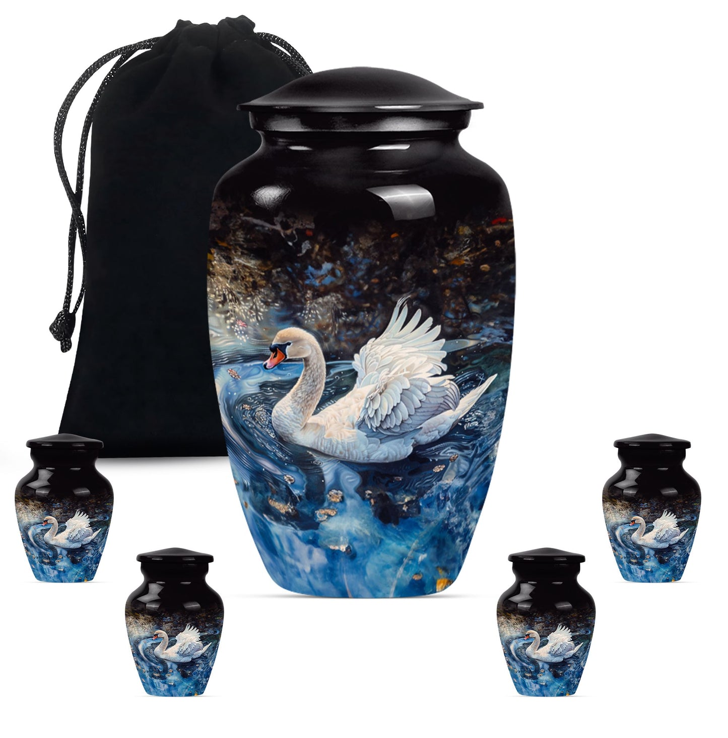 Swan Theme Large Urn With 4 Keepsake Urn