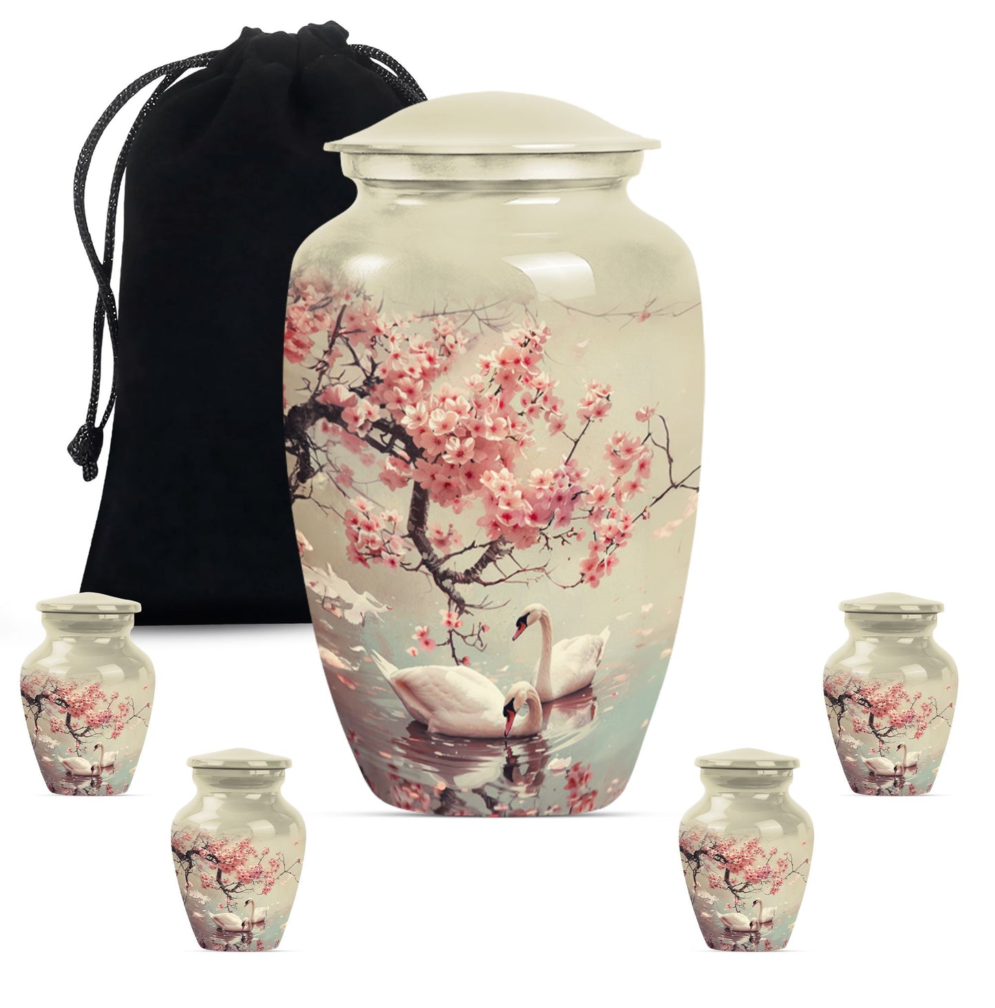 Swan Theme Large Urn With 4 Keepsake Urn