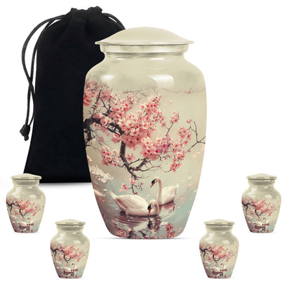 Swan Theme Large Urn With 4 Keepsake Urn