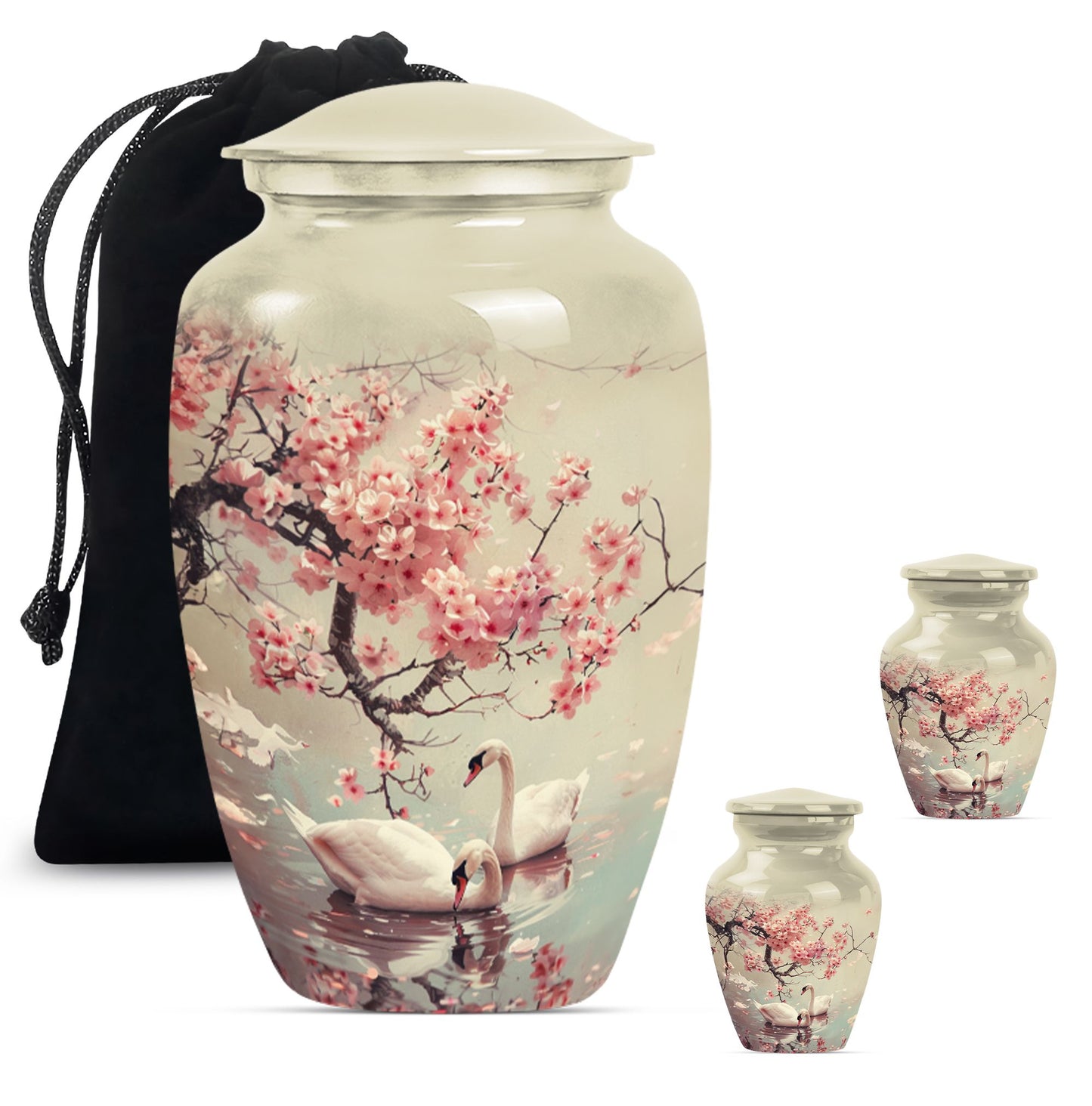 Swan Theme Large Urn With 2 Keepsake Urn