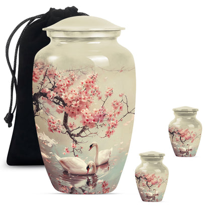 Swan Theme Large Urn With 2 Keepsake Urn