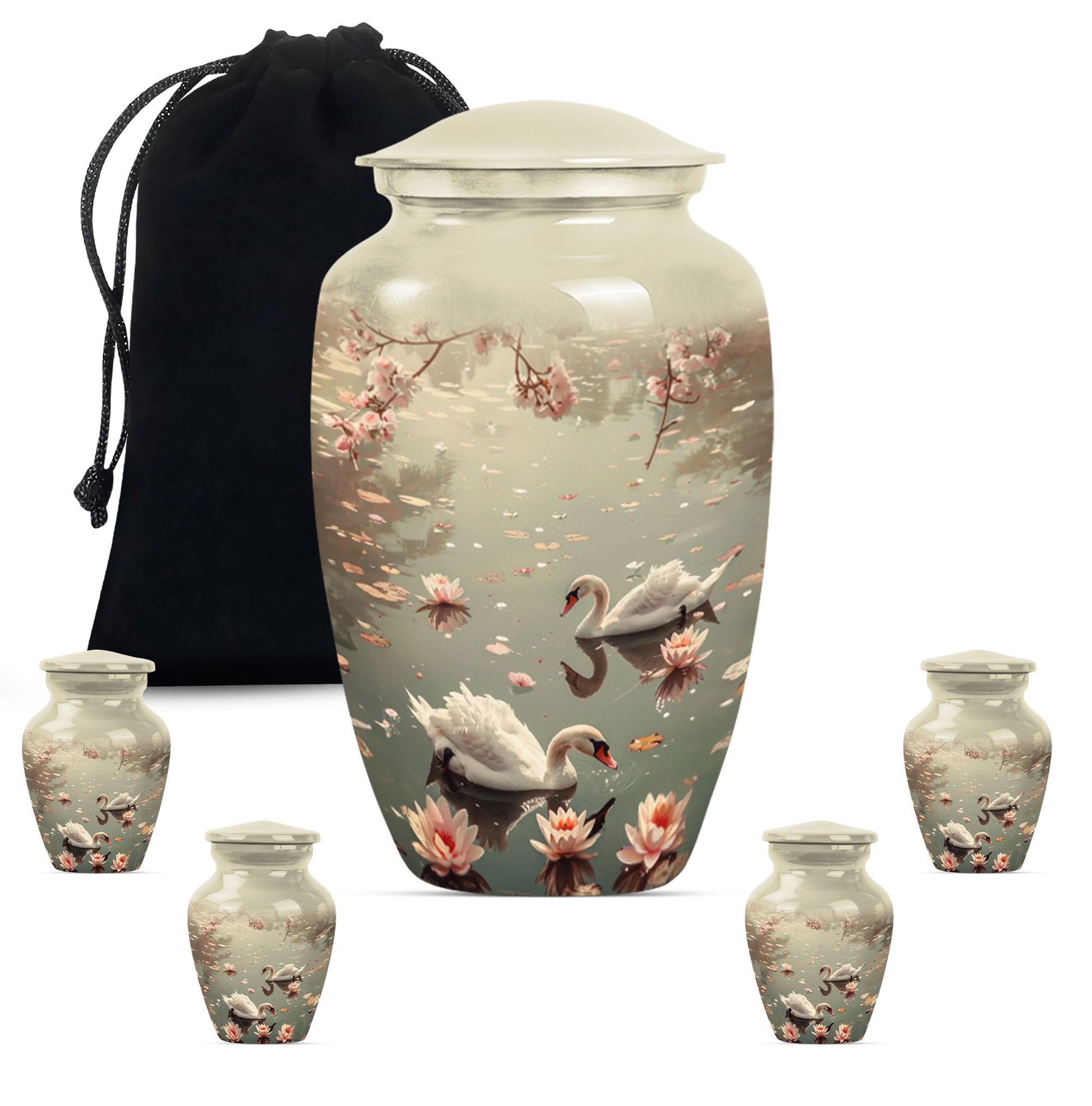 Swan Theme Large Urn With 4 Keepsake Urn