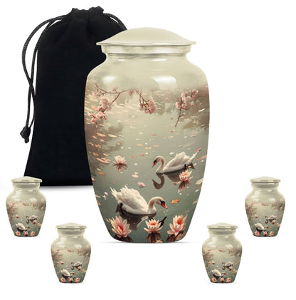 Swan Theme Large Urn With 4 Keepsake Urn