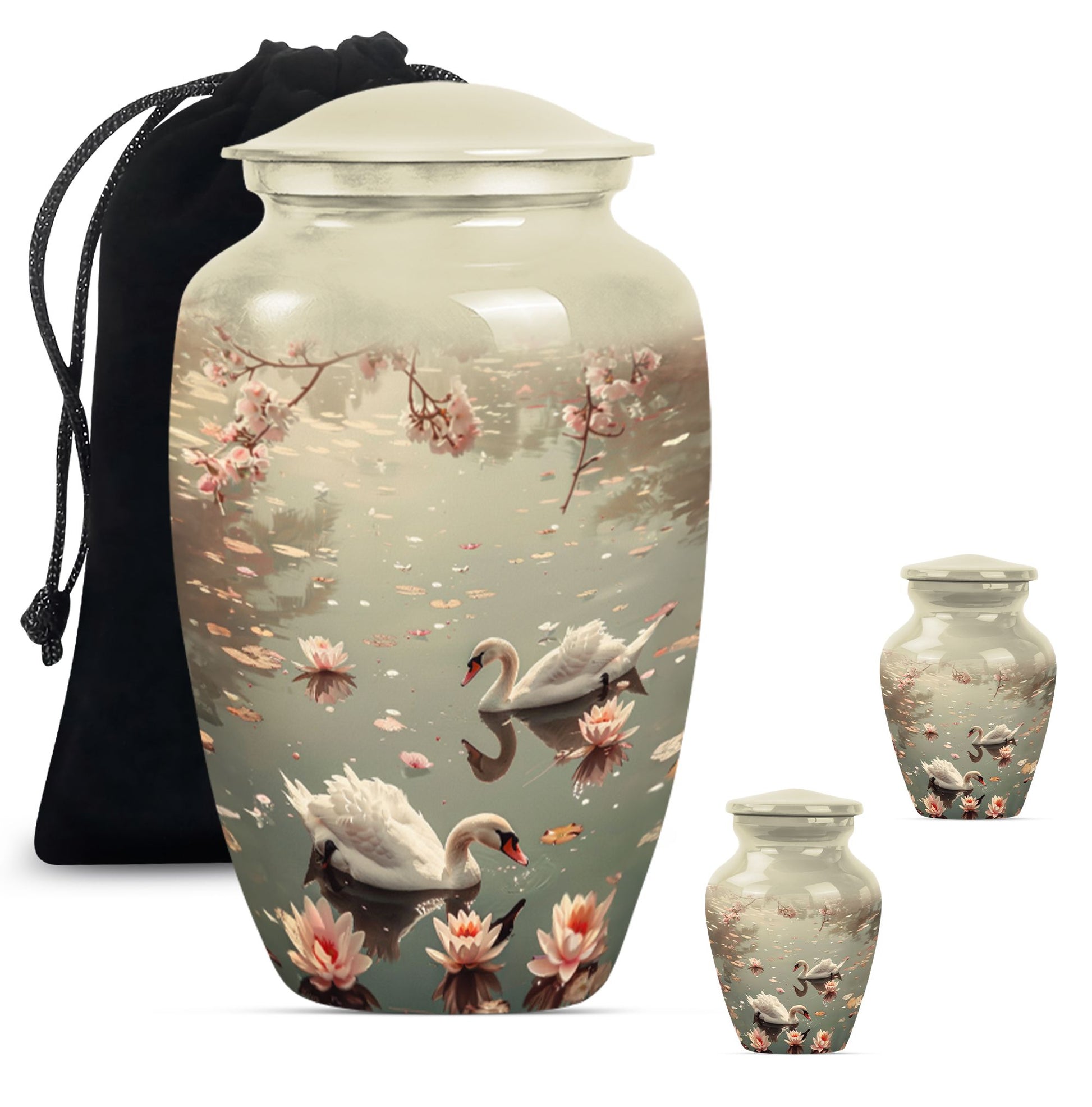 Swan Theme Large Urn With 2 Keepsake Urn