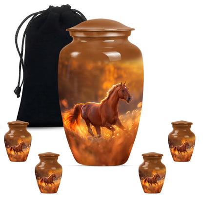 Runing Horse Theme Large Urn With 4 Keepsake Urn