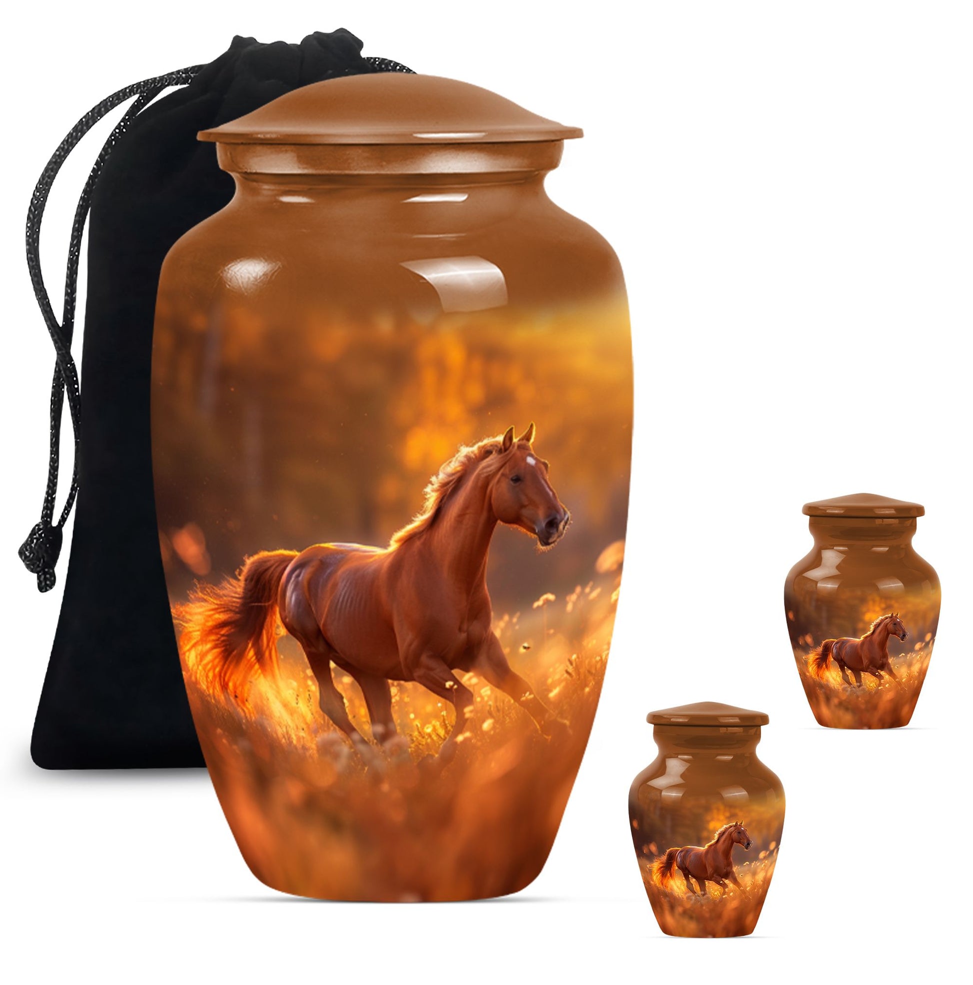 Runing Horse Theme Large Urn With 2 Keepsake Urn