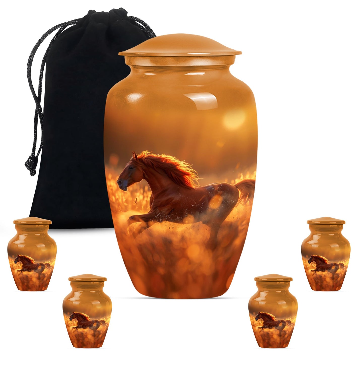 Runing Horse Theme Large Urn With 4 Keepsake Urn